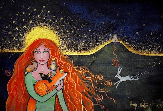The Goddess of Avalon,  Original Painting, Owl, Fox, Rabbit, Blackbird, Robin, Mystical,  Pagan