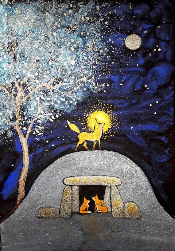 The Fox Queen, A5 Print, Fox and Cubs, Long Barrow, Dreamy Art,