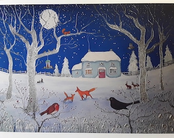 Winter Garden - Snowy Garden - Snowy House - Blackbird - Robin - Fox and cub - Winter Print