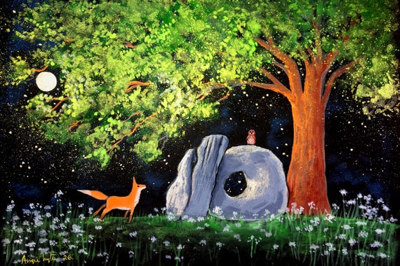 The Sacred Glade, Original Painting, Devils Ring and Finger Standing Stones, Mystical, Fox, Owl