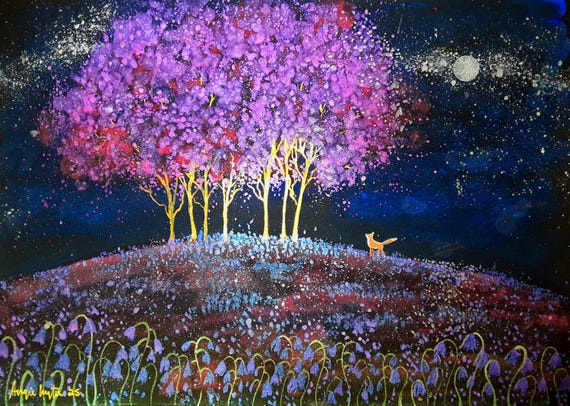 Night Blossom, Bluebell Wood, Fox Art, Spring Print, Blossom Tree, Shimmering Print