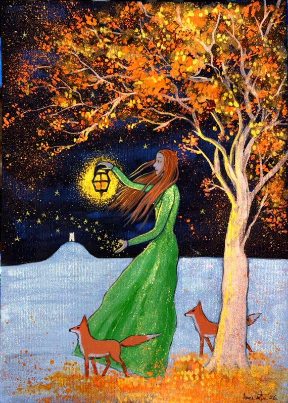 Avalon Autumn Magic, A4 Print, Glastonbury Tor, Fox, Woman
