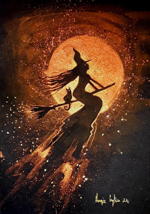 Samhain, Halloween, Witch Print, Witch and Cat, Flying Witch, Witch Art