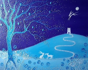 Mystical Tor - Glastonbury Tor - White Hare - Mystical Hare - Spirit Hare - Hare and Moon Print
