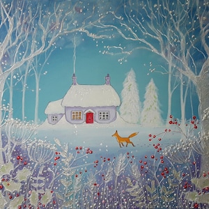 Winter Cottage - Mystical Winter - Snowy Scene  - Fox in Winter - Winter Print