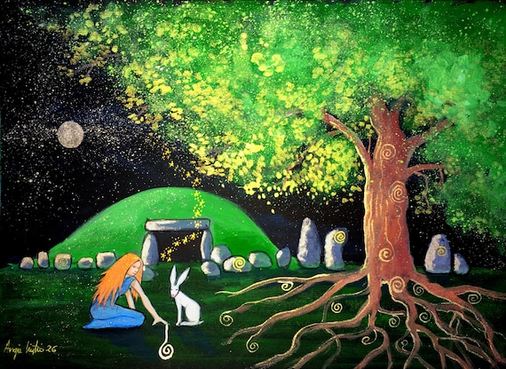 The Guardians, A4 Print, Goddess, White Hare, Long Barrow, Mystical, Pagan