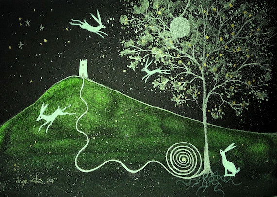 Avalon Print, A5 Print, Glastonbury Tor, Mystical Print, Small Print, White Hare, Avalon