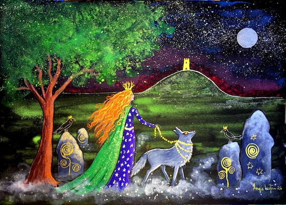 Misty Path to Avalon, Original Painting, Glastonbury Tor, Goddess, Wolf, Ravens, Standing Stones