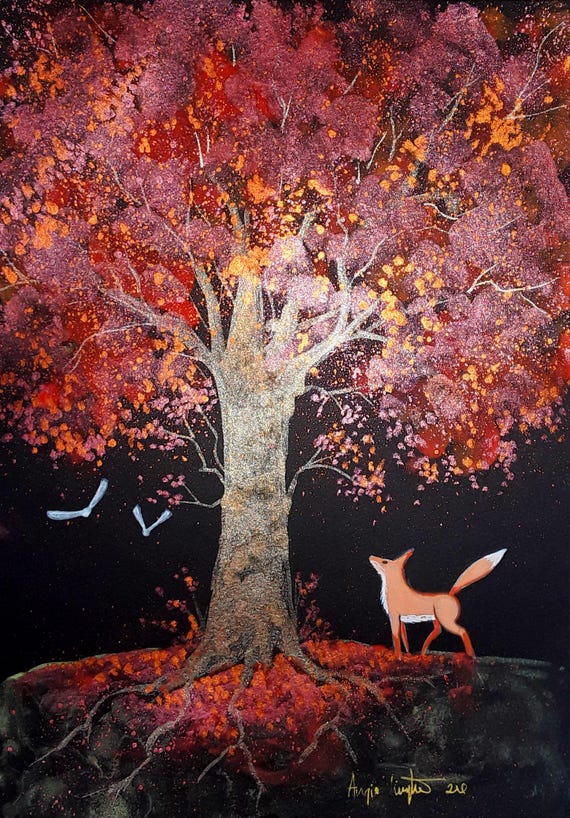 Autumn Tree, Autumn Art, Fox, Autumn Print, Fall Print, Fox and Autumn Tree