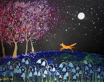 Bluebell Wood, Fox Art, Spring Print, Blossom Tree, Shimmering Print