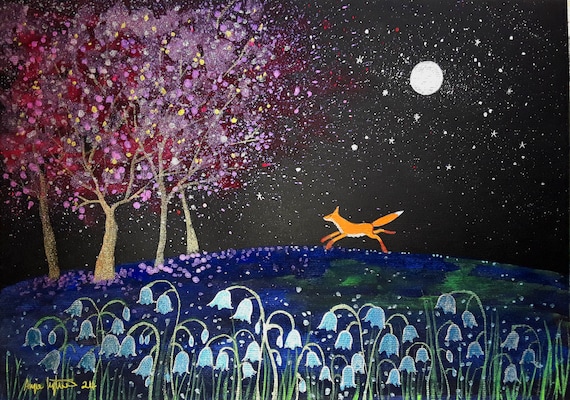 Bluebell Wood, Fox Art, Spring Print, Blossom Tree, Shimmering Print