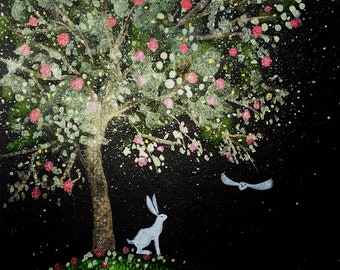 The Old Apple Tree, Mystical Art, White Hare, Original Art