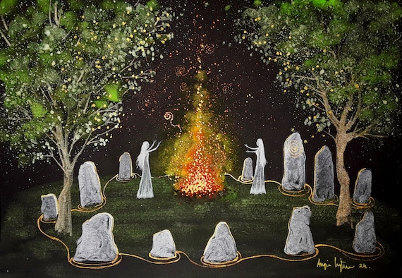 Mystical Print, Pagan, Standing Stones, Ley Lines, Sacred Fire, Druid, Mystical Art