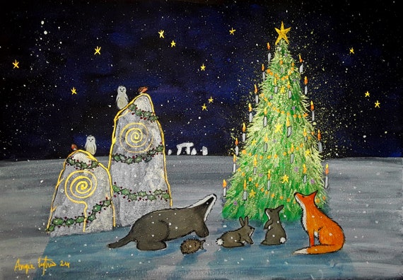Yule Tree, Christmas Tree, Standing Stones, Woodland Animals, Yule Print