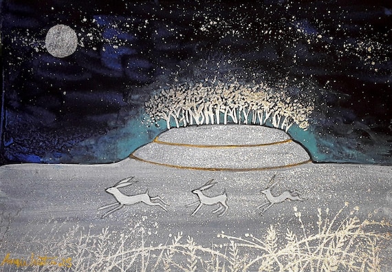 Winter at Badbury Rings, Winter Print, White Hares, Running Hares, Pagan, Mystical