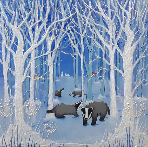 Winter Badgers - Badger Art - Badgers in Snow - Square Print - Badger Print