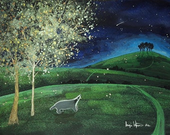 The Badger and the Shooting Star, Badger Art, Original Art, Mystical Art, Pagan Art, Shimmering Art.