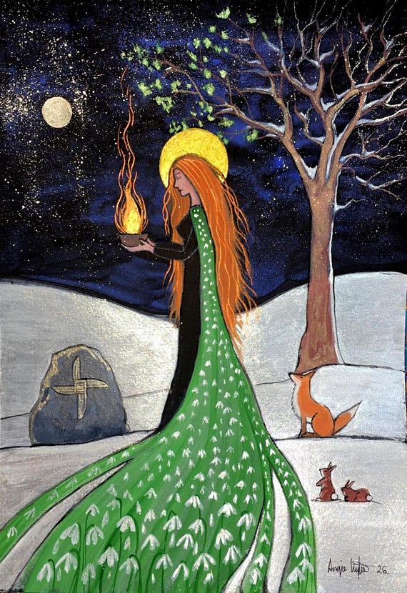 Saint Brigid, A4 print, Mystical Print, Fox, Rabbits, Winter, Spring, Snowdrops