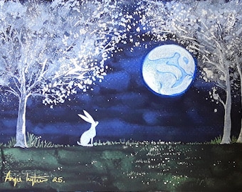 May include: A watercolor painting of a white rabbit sitting in a field under a large, silver moon. Two white trees are on either side of the rabbit, and the sky is a deep blue.