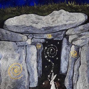 May include: An illustration of a stone structure under a starry night sky. A white rabbit stands before a dark opening, with a trail of stars leading from the opening. The artwork features gold spiral designs and a crescent moon.