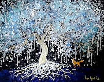 Frost Tree, Mystical Tree Print, Winter Fox, Blue Tree, Sparkling Tree