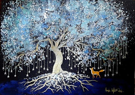 Frost Tree, Mystical Tree Print, Winter Fox, Blue Tree, Sparkling Tree