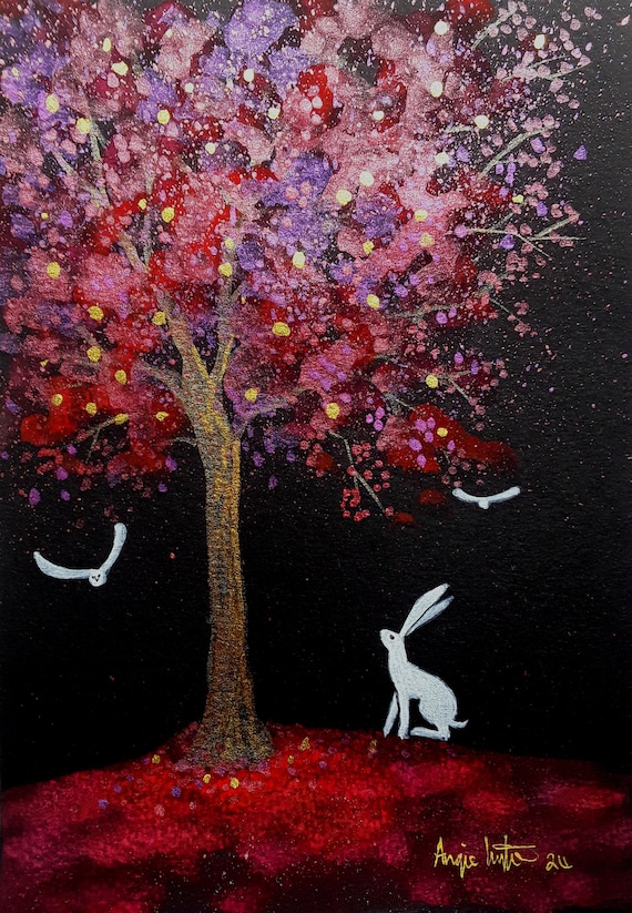 Red Tree, Mystical Tree, Mystical Print, White Hare, White Owl