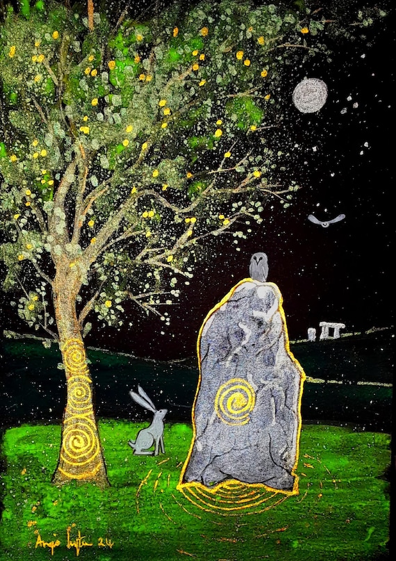The Sacred Place, A4 Print, Standing Stone, Owl, Hare