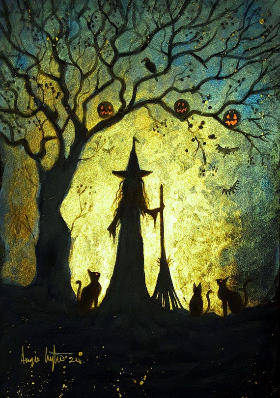 Samhain, Halloween, Witch, Witch Print, Black Cat, Broomstick, Pumpkins