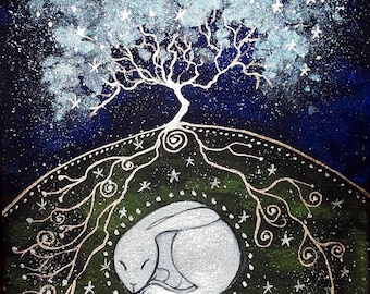 May include: A painting of a sleeping rabbit nestled under a tree with a starry sky background. The rabbit is silver, the tree is white, and the background is dark blue and green. The tree's roots and branches are intertwined.