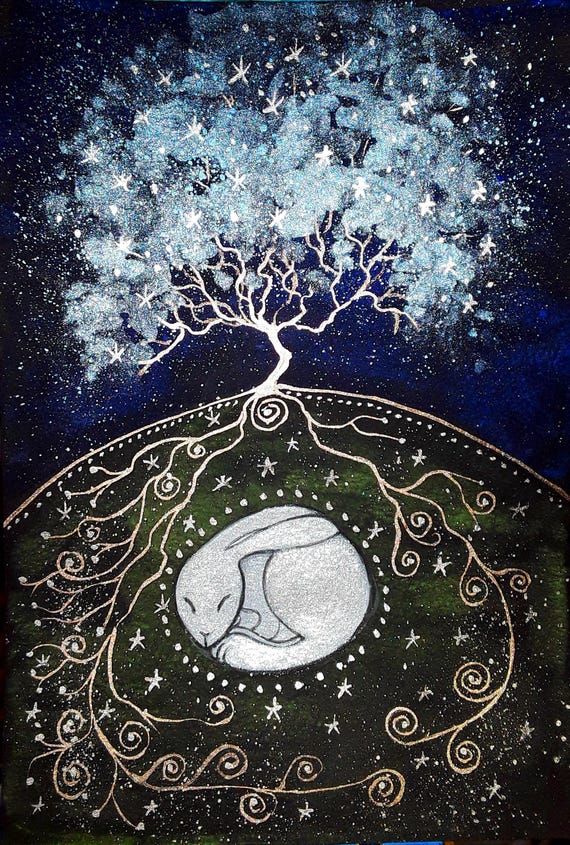 Where the Spirit Hare Sleeps, white hare, mystical print