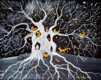 Pode incluir: Uma árvore branca com tronco e galhos prateados sobre um fundo preto com estrelas douradas. A árvore está cheia de pequenos animais, incluindo corujas, esquilos, raposas e coelhos. A árvore tem um grande sistema radicular.