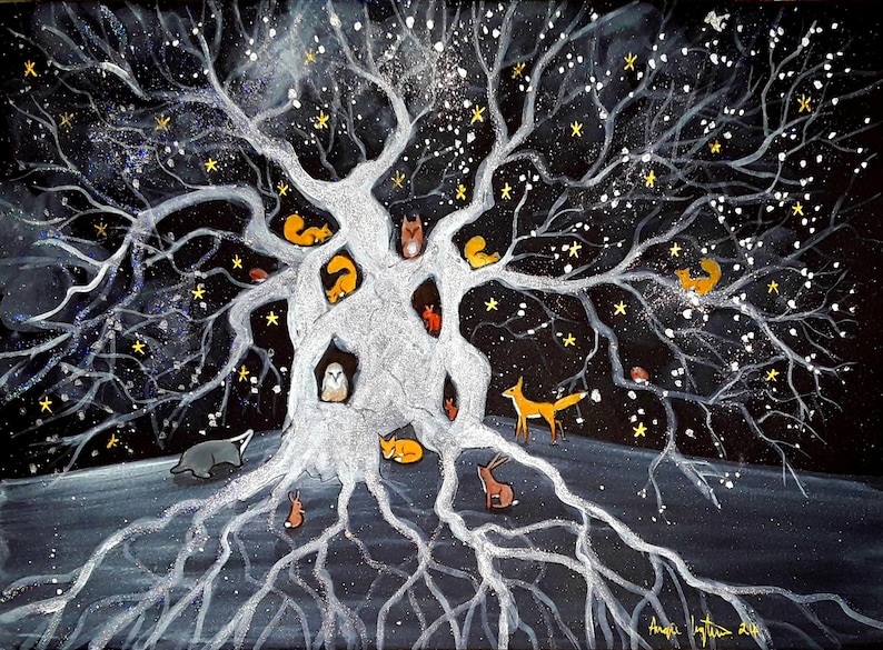 May include: A white tree with a silver trunk and branches against a black background with gold stars. The tree is filled with small animals, including owls, squirrels, foxes, and rabbits. The tree has a large root system.