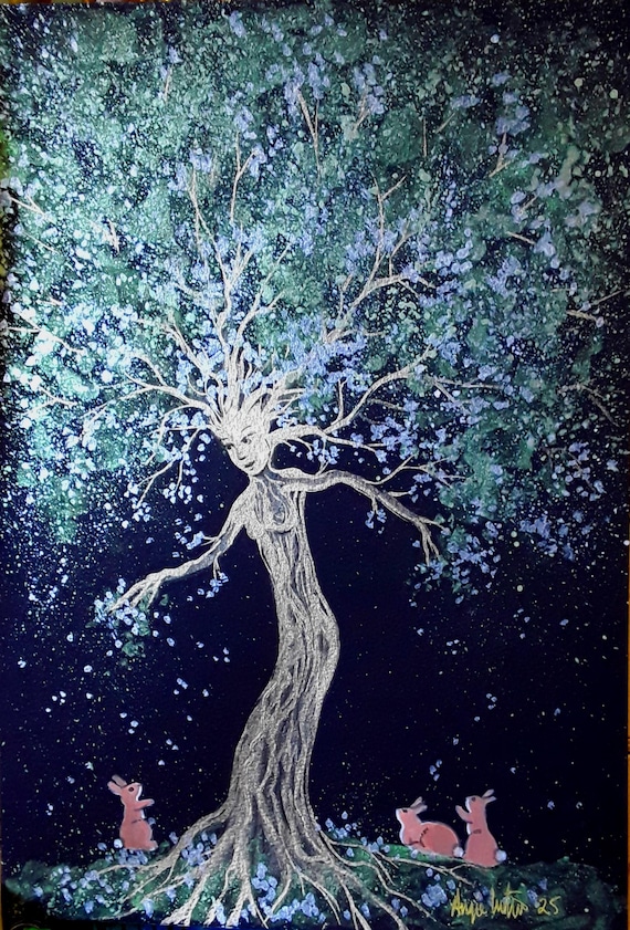 Spring Goddess Print, Sacred Feminine, Dancing Tree Women, Rabbits, Pagan Print