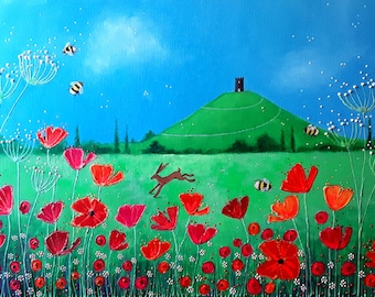 Glastonbury Tor Art - Mystical Print - Pagan - Wiccan - Hare and Tor - Mystical Hare