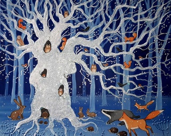 Mystical Winter Oak - Old Oak Tree - Winter Art - Woodland Animals - Enchanted Forest