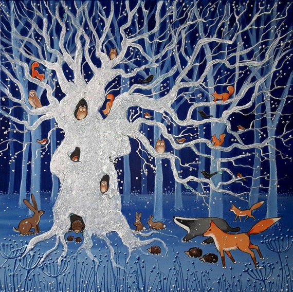 Mystical Winter Oak - Old Oak Tree - Winter Art - Woodland Animals - Enchanted Forest