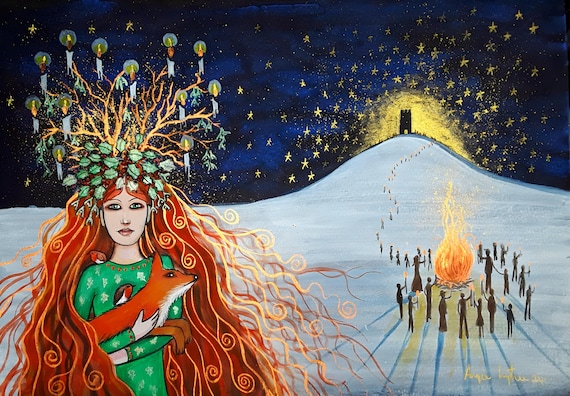 Yule Goddess, Avalon, Glastonbury Tor, A4 Print, Yule Fire, Goddess Art, Fox, Pagan, Druid
