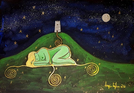Goddess Print, Avalon Goddess, Sleeping Goddess, Goddess Art, Glastonbury Tor
