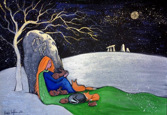 Sheltering, A4 Print, Goddess, Fox, Badger, Hare, Standing Stone, Celtic Cross