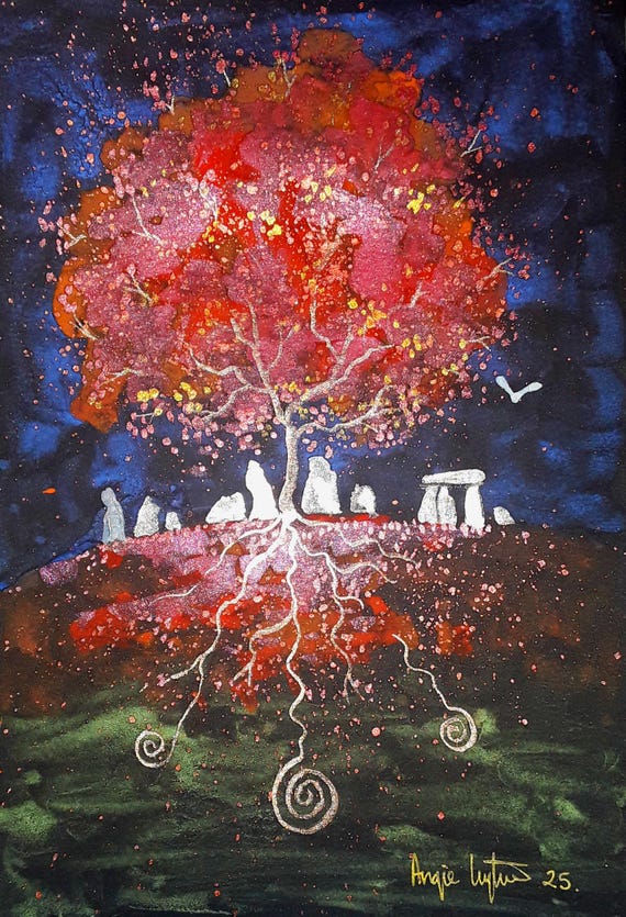 Sacred Tree, Original Painting, Autumn, Fall, Red Tree, White Owl