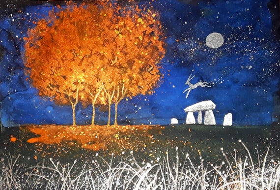 The Ancient Place, A5 Print, Autumn Tree, Standing Stones, Dolmen, Dreamy Art, White Hare
