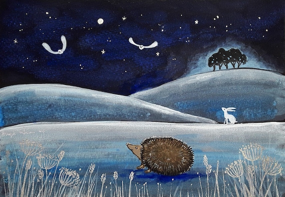 Hedgehog Print, Winter Hedgehog, Hedgehog Art, A5 Print, Cute Hedgehog
