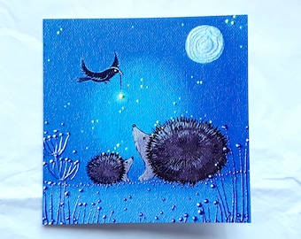 Hedgehog Card - Hedgehog Art - Mothers Day Card - The Gift - Blackbird and Hedgehog