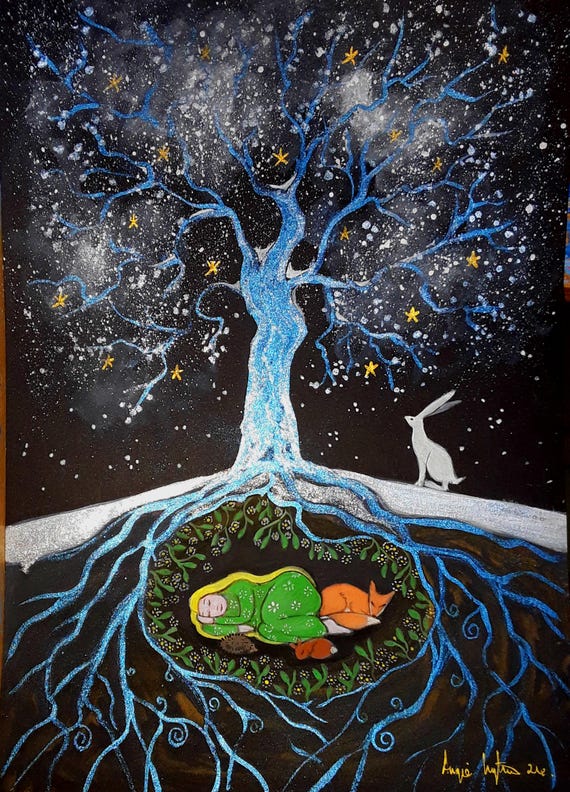 Spring Goddess, Goddess Print, Slumbering Spring, Winter Art, White Hare, Mystical Winter