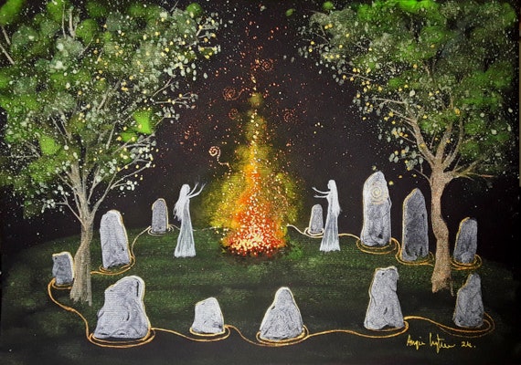 Standing Stones, Stone Circle, Pagan, Mystical Art, Original Art, Sacred Fire, Druid, Witch