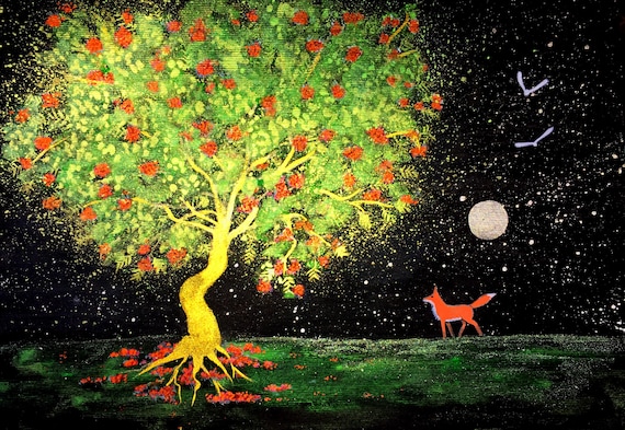 The Old Rowan Tree, Original Painting, Fox, Mystical Rowan