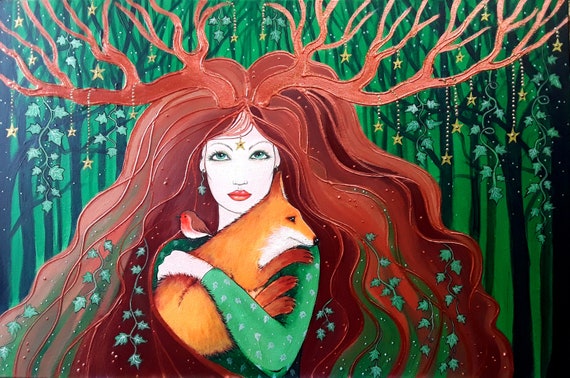 Goddess Art - Forest Goddess - Mystical - Pagan - Wiccan - Fox and Goddess