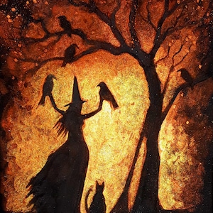 May include: A watercolour painting of a witch with a black cat and crows in a dark forest. The background is a golden sunset.