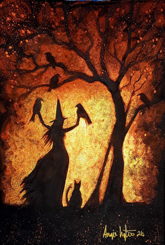 Witch Print, Witch Art, Witch and Crows, Sunset Witch, Mystical Print
